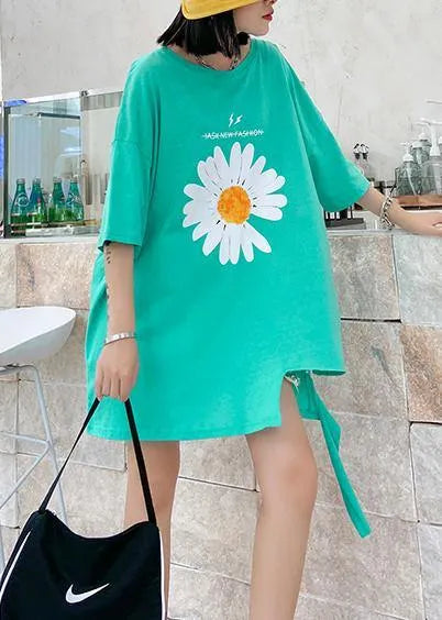 French o neck asymmetric cotton blouses for women green daisy blouses