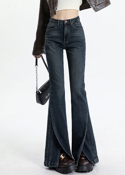 Vintage Blue Asymmetrical Pockets Patchwork High Waist Denim Flared Trousers Spring