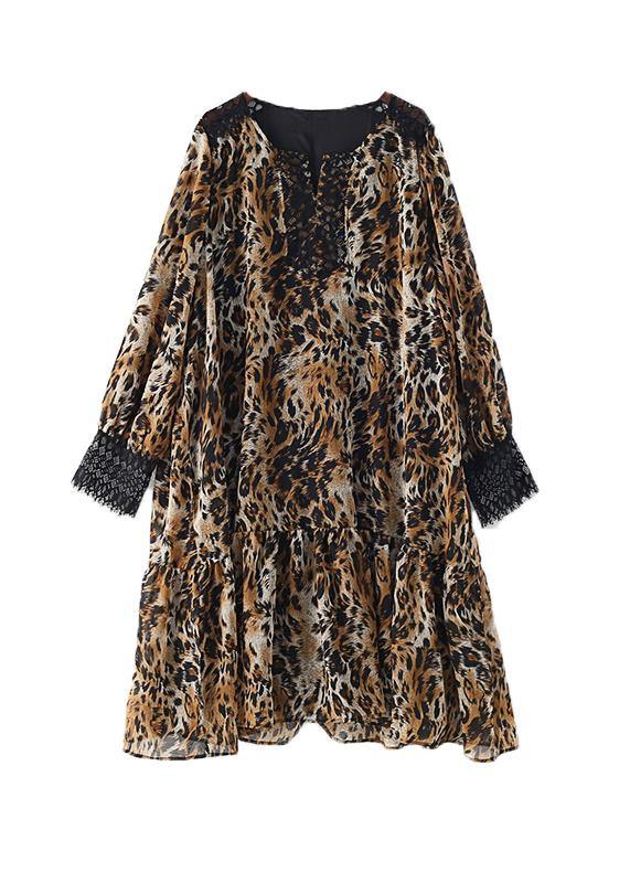 Simple lapel patchwork chiffon dress Casual Work Outfits Leopard A Line Dress
