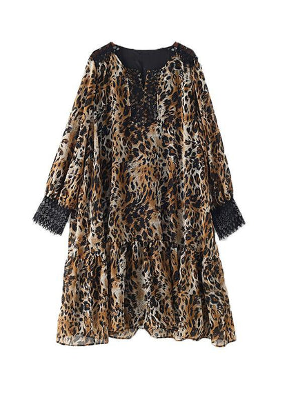 Simple lapel patchwork chiffon dress Casual Work Outfits Leopard A Line Dress