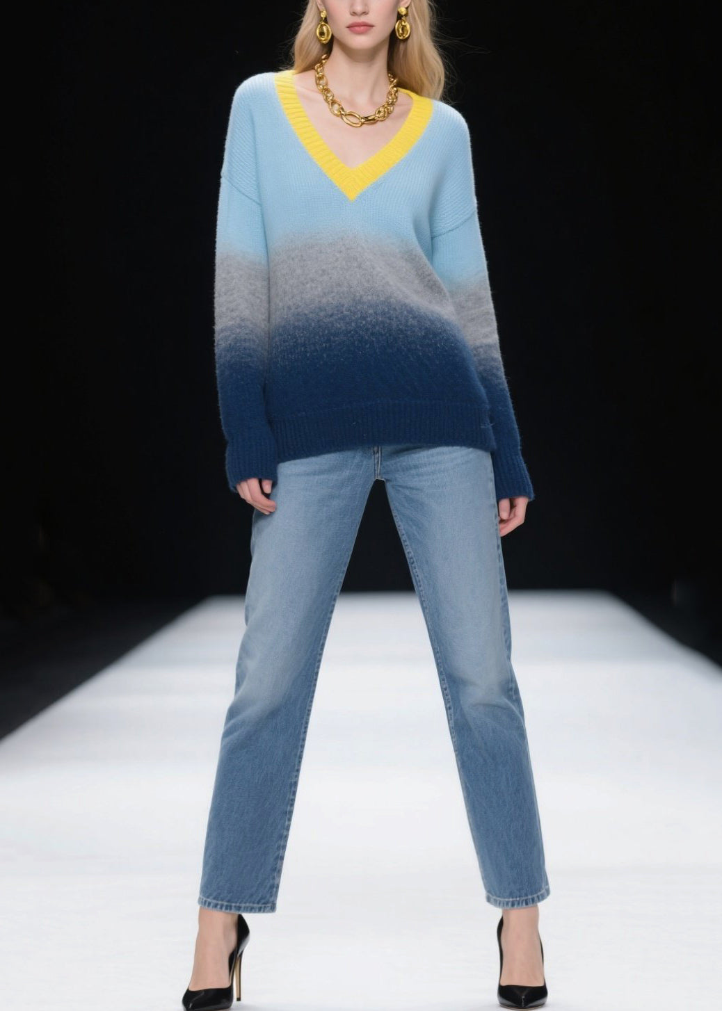 Fashion Mixed Color V Neck Warm Knitted Tops Winter
