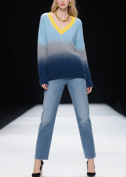 Fashion Mixed Color V Neck Warm Knitted Tops Winter