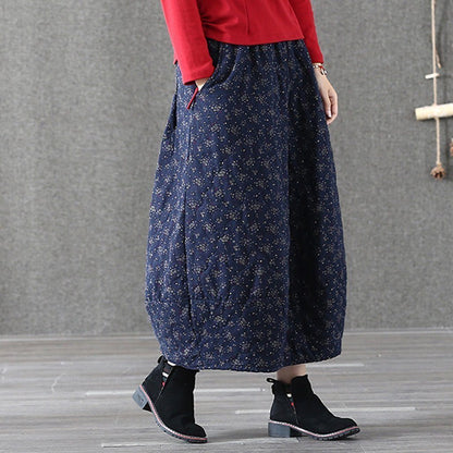 Winter Retro Linen Printed Quilted Skirt