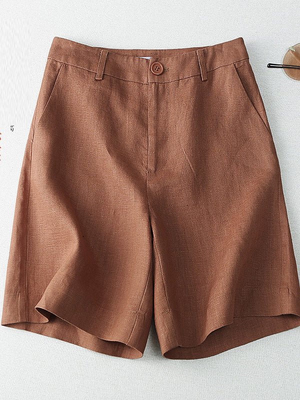 Solid Color Mid-waistline Casual Linen Wide Leg Shorts