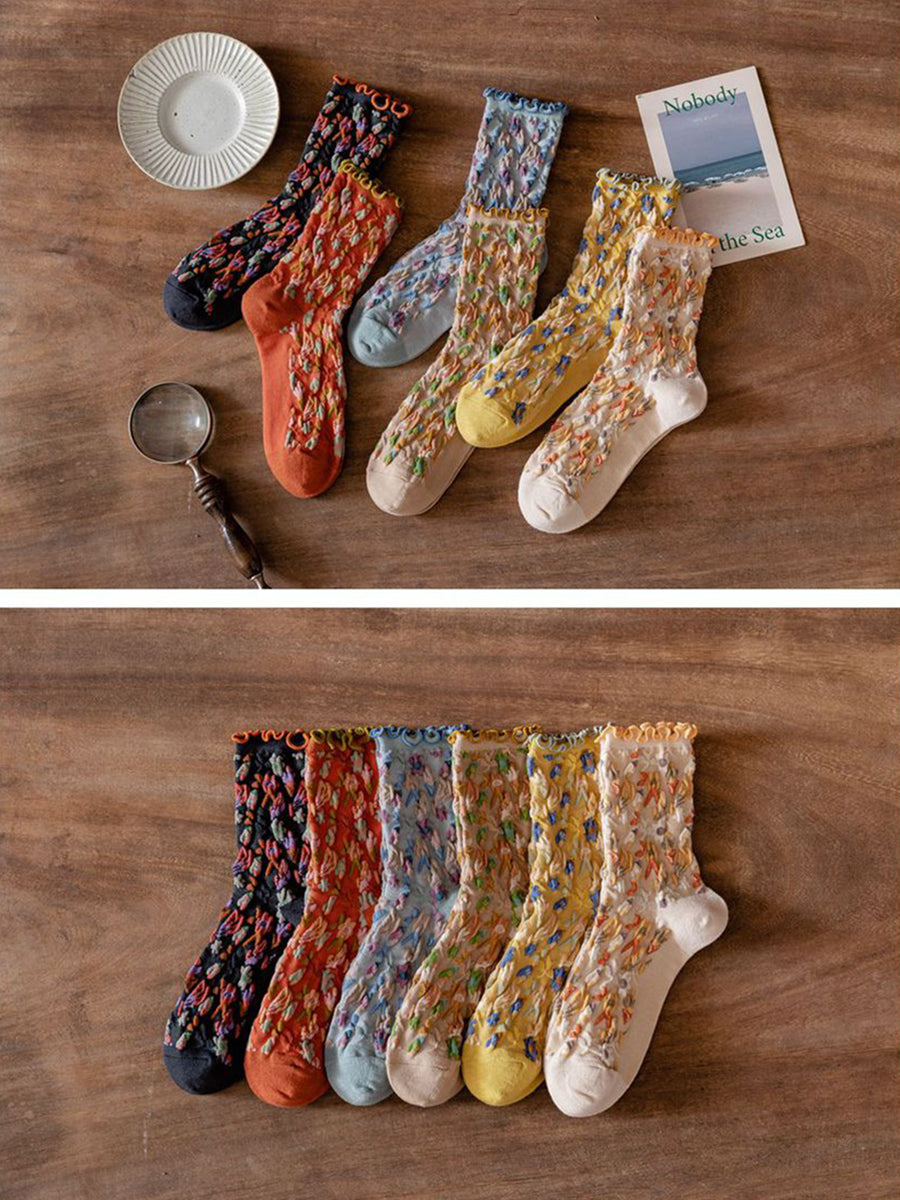 6 Pairs Japanese Floral Cotton Socks Women Vintage Socks