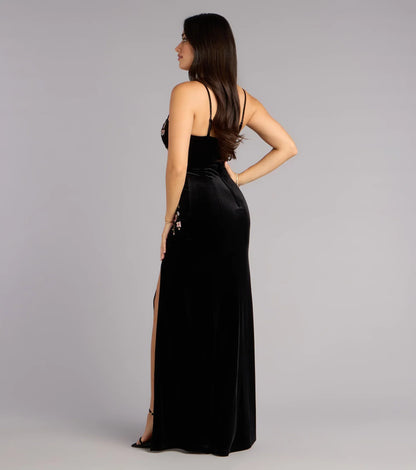 Mira Velvet Floral Appliqué Formal Dress