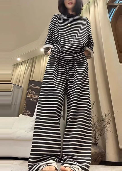 Plus Size Black Oversized Striped Cotton Two Pieces Set Fall
