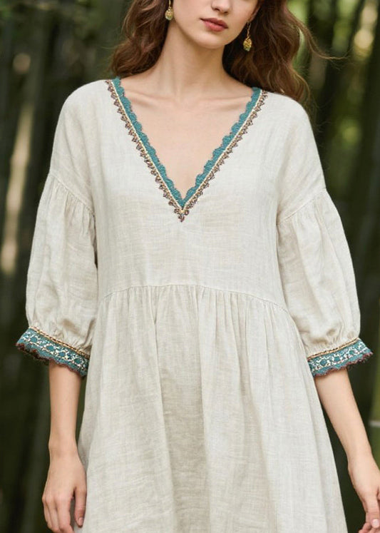 Vintage White Oversized Patchwork Linen Maxi Dresses Summer