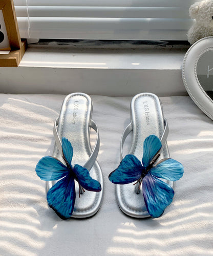 2025 New Silver Butterfly Faux Leather Wedge Flip Flops