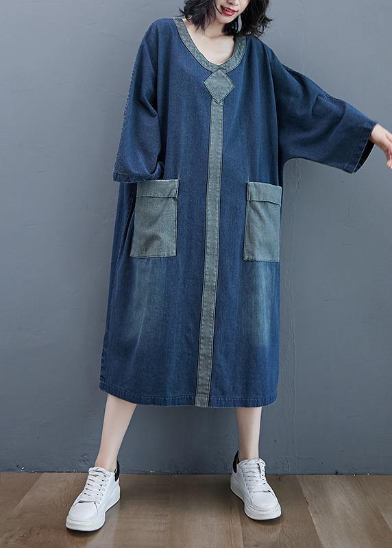 French O Neck Patchwork  Dresses Outfits Denim Blue Robe Dresses