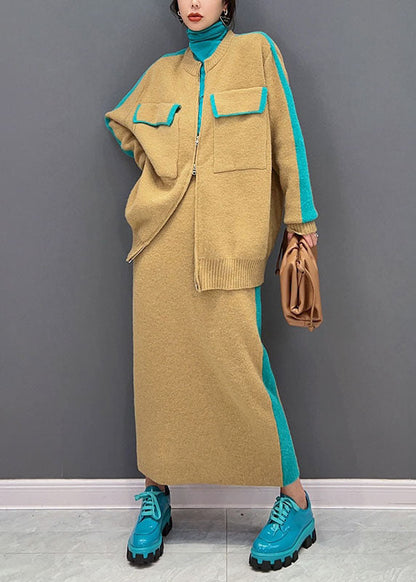 Modern Yellow Zippered Patchwork Thick Knit Cardigan And Skirt Two Pieces Set Winter