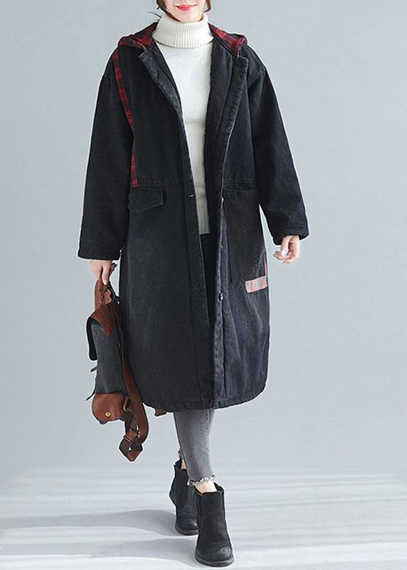 Unique denim black fine casual coats women Inspiration hooded patchwork  outwears