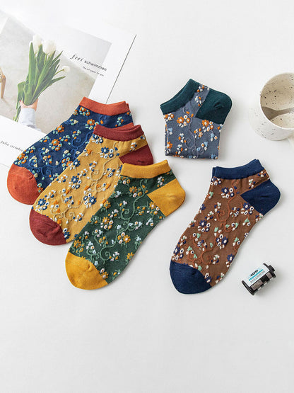 5 Pairs Women Pure Cotton Floral Vintage Boat Socks