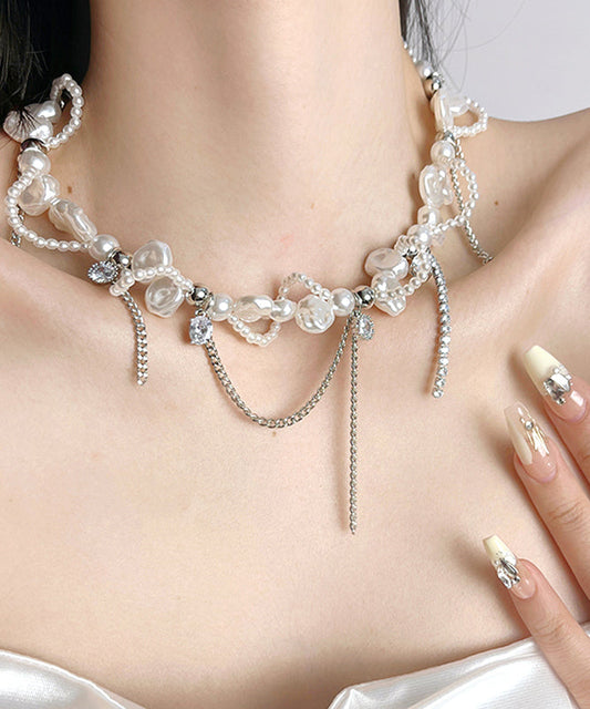 Women White Copper Zircon Pearl Chain Lariat Necklace