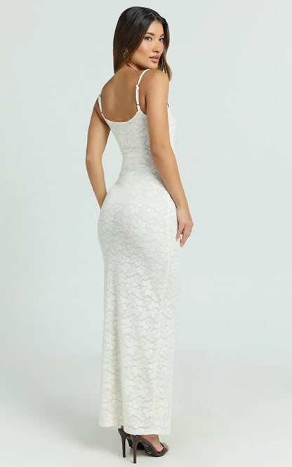 Carly Maxi Dress - Stretch Lace Scoop Neck Dress In Off White