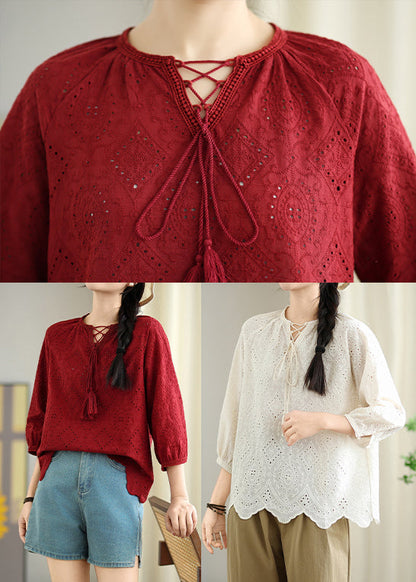 Bohemian Red Oversized Hollow Out Cotton Shirt Top Summer
