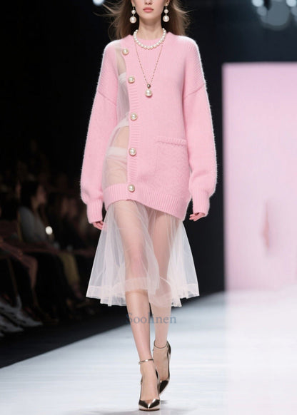 Women Pink Patchwork Tulle Pearl Knitted Dress Fall