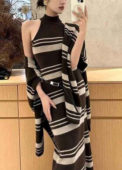 Chic Brown Striped Cardigans And Sweater Dress Knit Two Pieces Set Fall