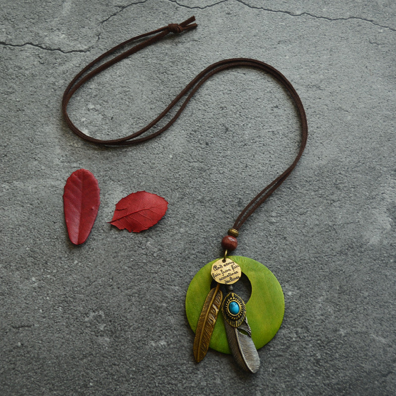 Vintage Feather Leaf Pendant Long Necklace