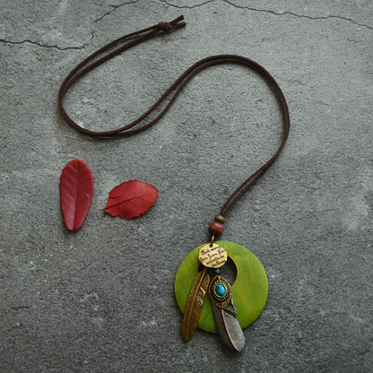 Vintage Feather Leaf Pendant Long Necklace