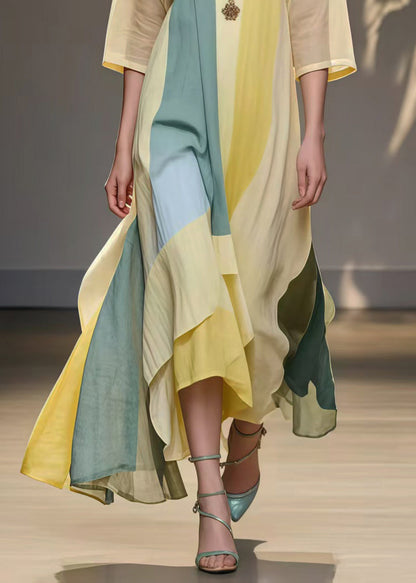 Beautiful Yellow Asymmetrical Exra Large Hem Cotton Holiday Dress Summer