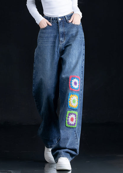 Casual Blue Embroidered Pockets Denim Straight Pants Fall