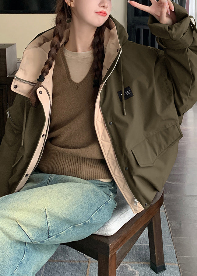 Chic Army Green Hooded Patchwork Fine Cotton Filled Parkas Winter