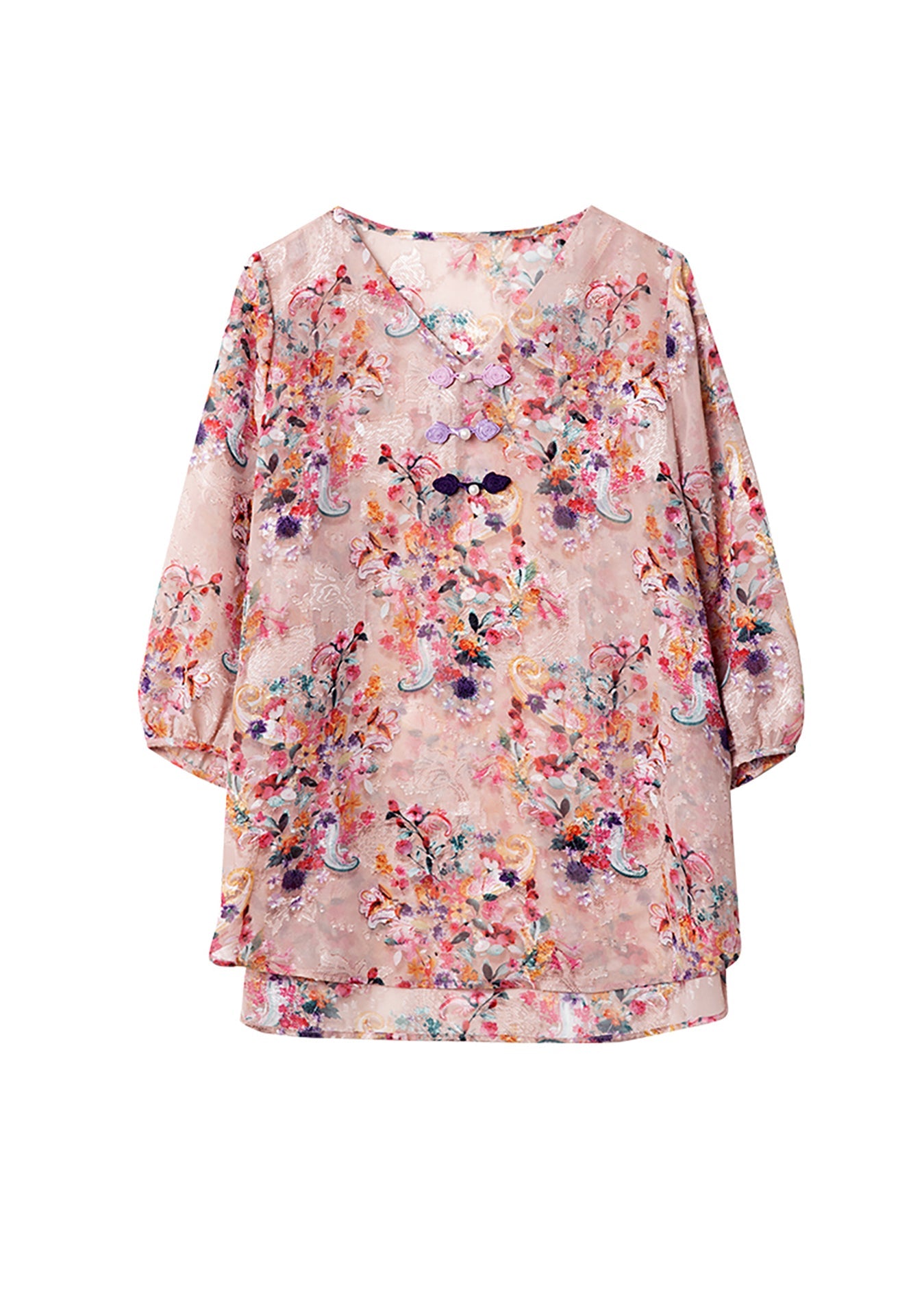 Beautiful Pink V Neck Print Chiffon Blouse Tops Bracelet Sleeve