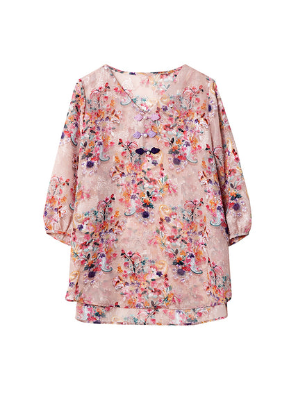 Beautiful Pink V Neck Print Chiffon Blouse Tops Bracelet Sleeve