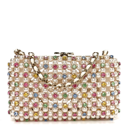 Metal Pearl Minaudiere CC Evening Bag White Gold Multicolor