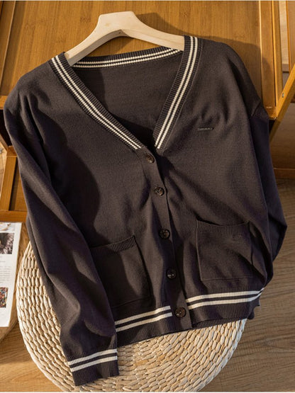 Knitwear Thin Section Literary Retro Wild Loose Striped Jacket In One-Size