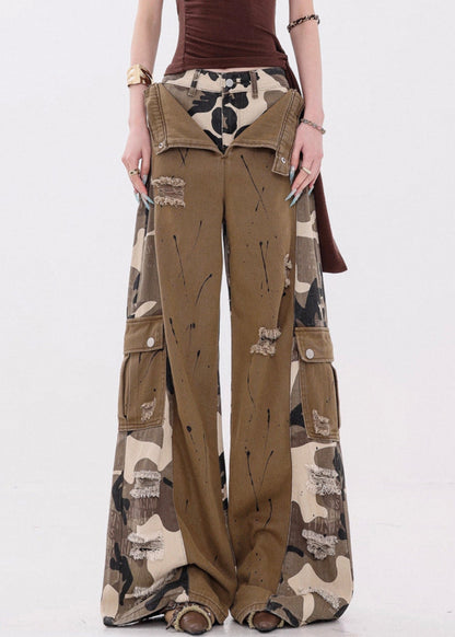 Casual Camouflage Pockets False Two Pieces Patchwork Denim Pants Fall