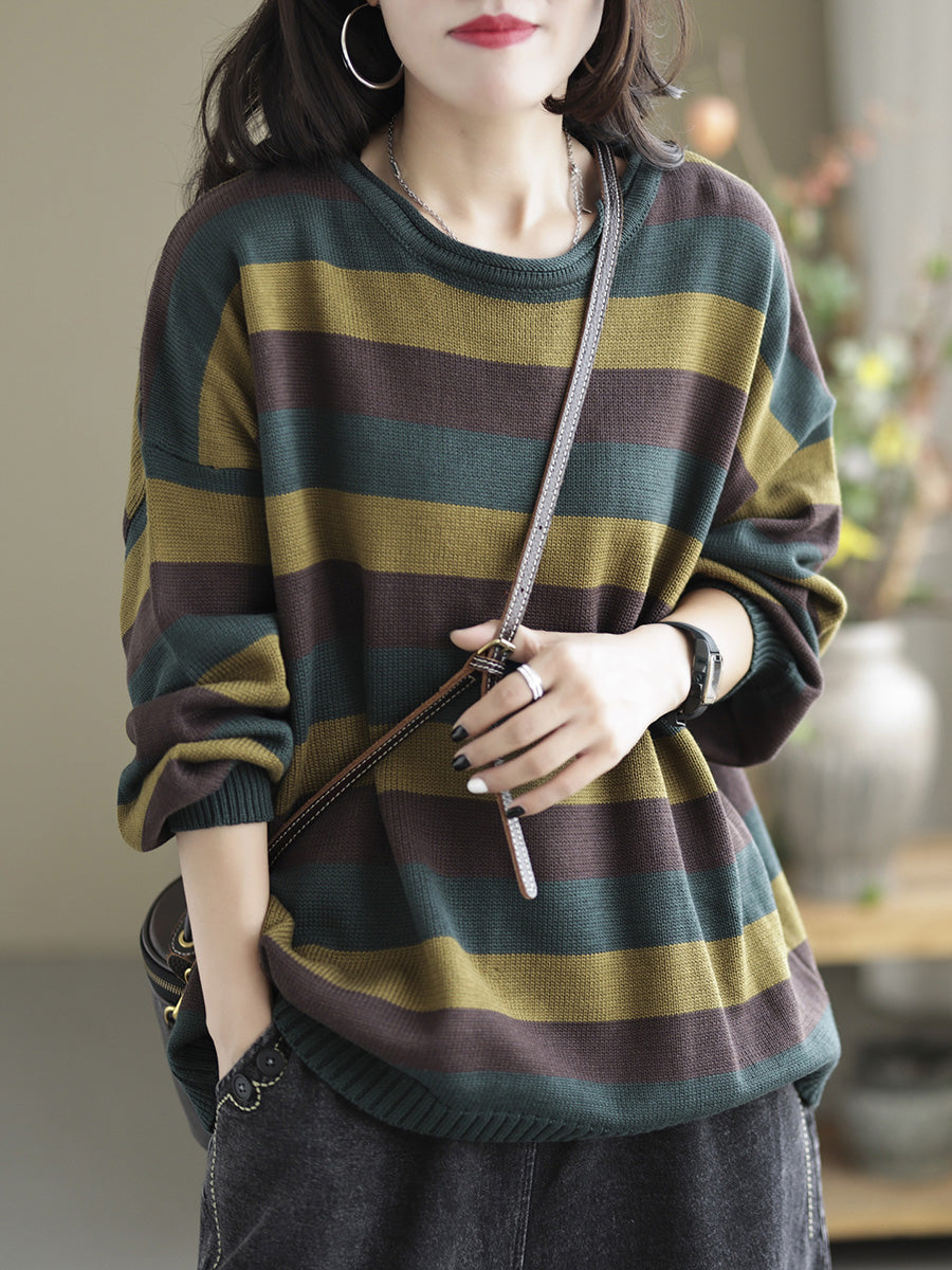 Women Striped Commuter Loose Vintage Sweater