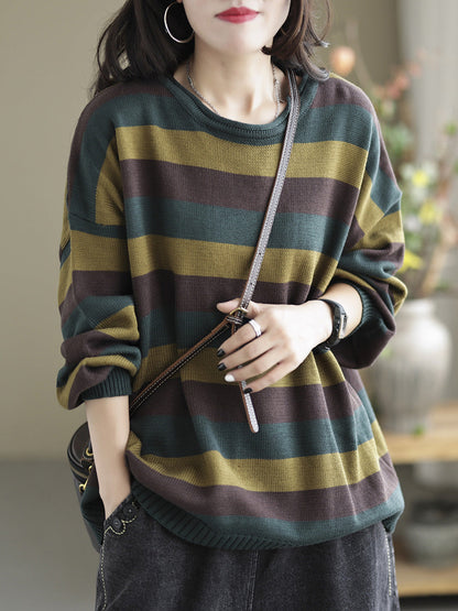 Women Striped Commuter Loose Vintage Sweater