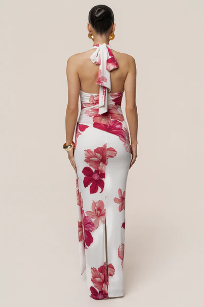 Halter Deep V Twist-Knot Floral Bodycon Maxi Dress