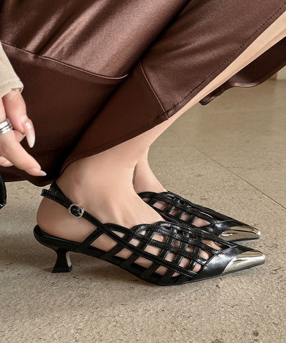 Chic Black High Heel Cowhide Leather Hollow Out Splicing Sandals