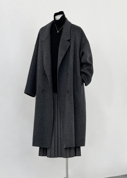 Plus Size Dull Grey Oversized Double Breast Woolen Coat Outwear Winter