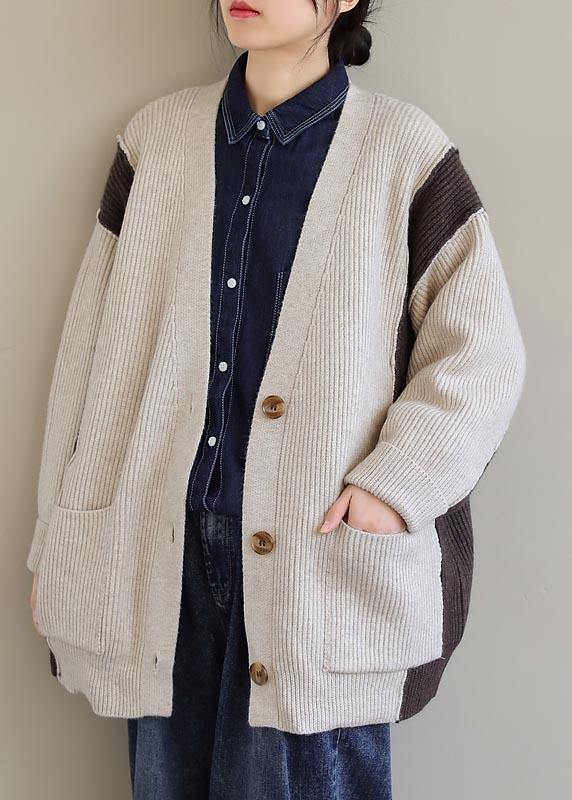 Aesthetic  Beige Knit Tops Plus Size V Neck Button Down Knitted Clothes