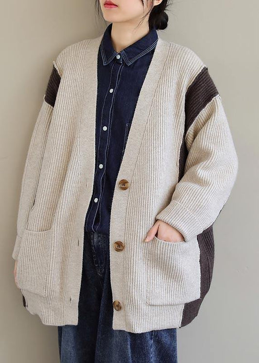 Aesthetic  Beige Knit Tops Plus Size V Neck Button Down Knitted Clothes