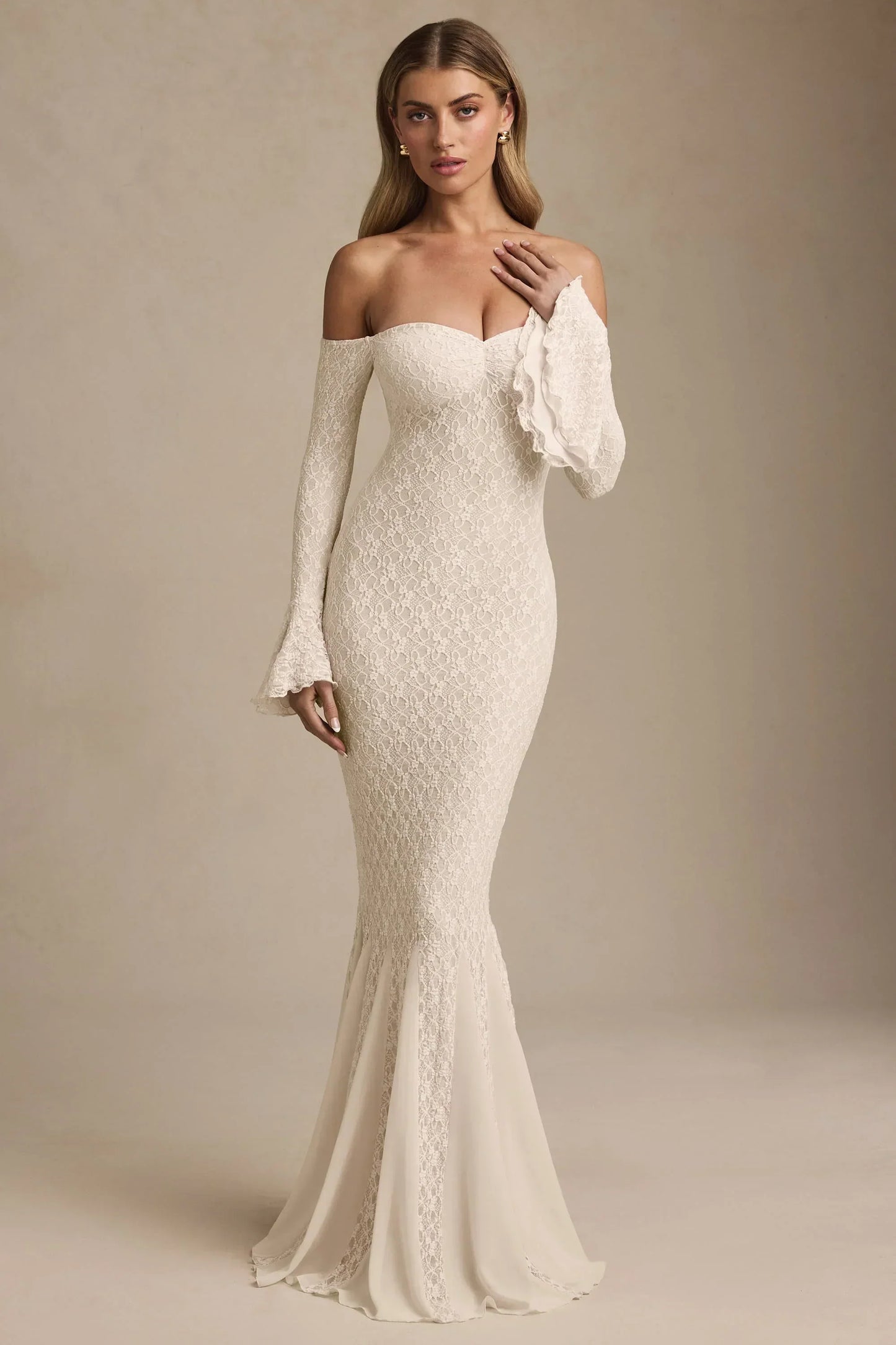 Off-Shoulder Ruffle Lace Maxi Dress In Ivory