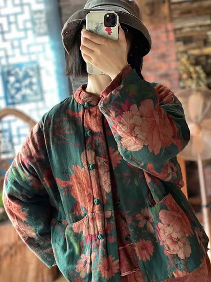Women Winter Vintage Floral Print Frog Cotton Coat