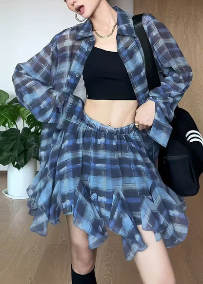 Modern Blue Oversized Plaid Chiffon Two Piece Set Outfits Summer
