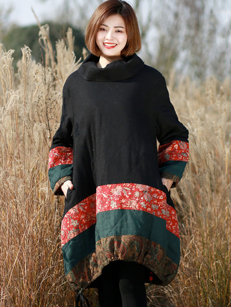 Women Winter Ethnic Patchwork Pocket Pullover Loose Coat