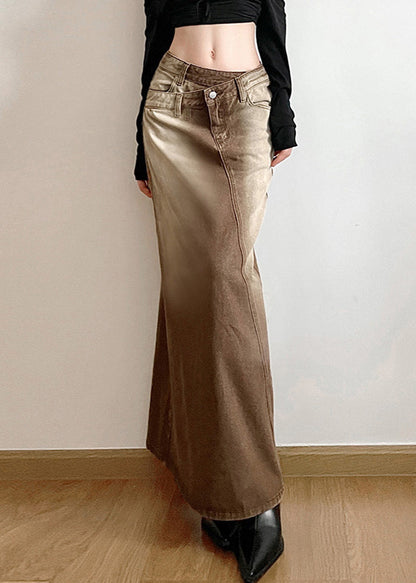 Vintage Light Brown Asymmetrical Side Open Denim Skirt Fall