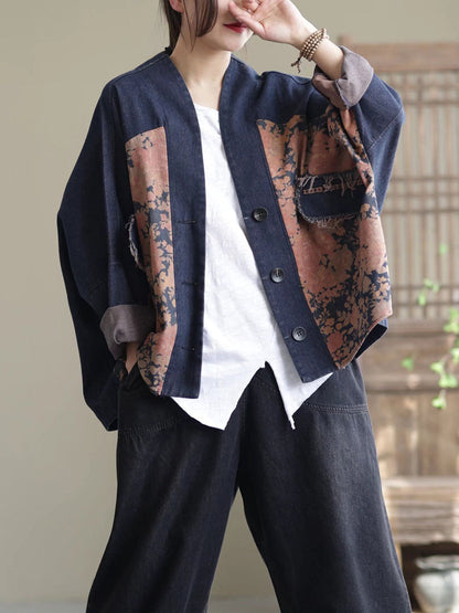Women Spring Artsy Spliced Tie-dye Button Denim Coat