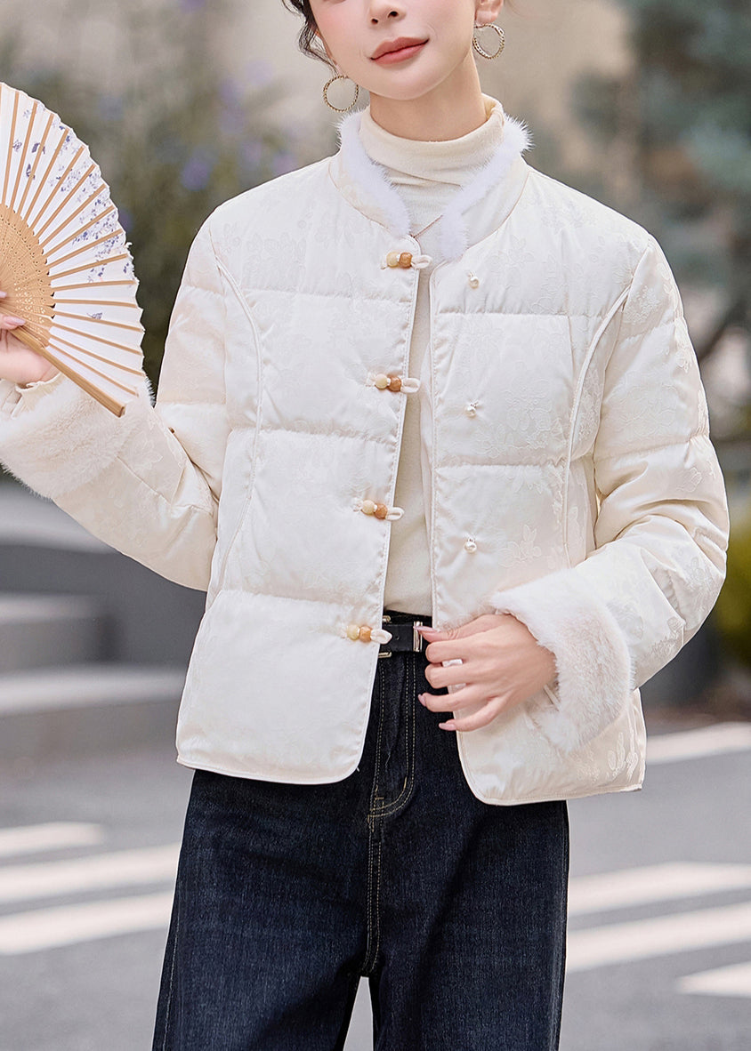 Vintage White Chinese Button Patchwork Mink Hair Duck Down Winter Coats