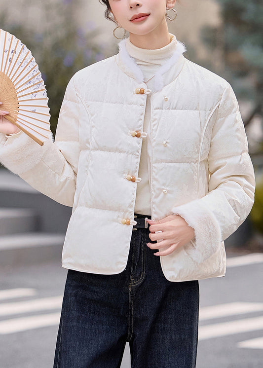 Vintage White Chinese Button Patchwork Mink Hair Duck Down Winter Coats