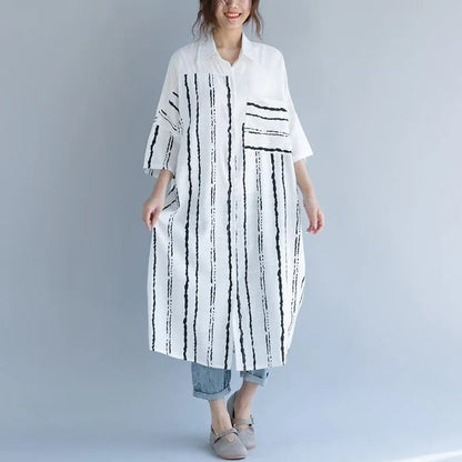 2018 white cotton dress plus size clothing dresses women bracelet sleeved patchwork Turn-down Collar striped cotton dresses