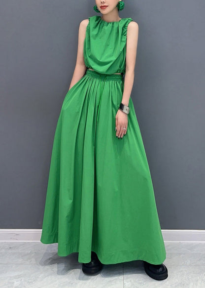 French Green Patchwork Pockets Top And Maxi Skirts Two Pieces Set Summer