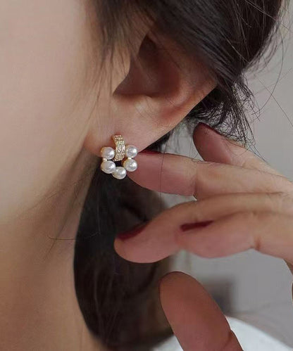 Elegant White Copper Overgild Zircon Pearl Stud Earrings